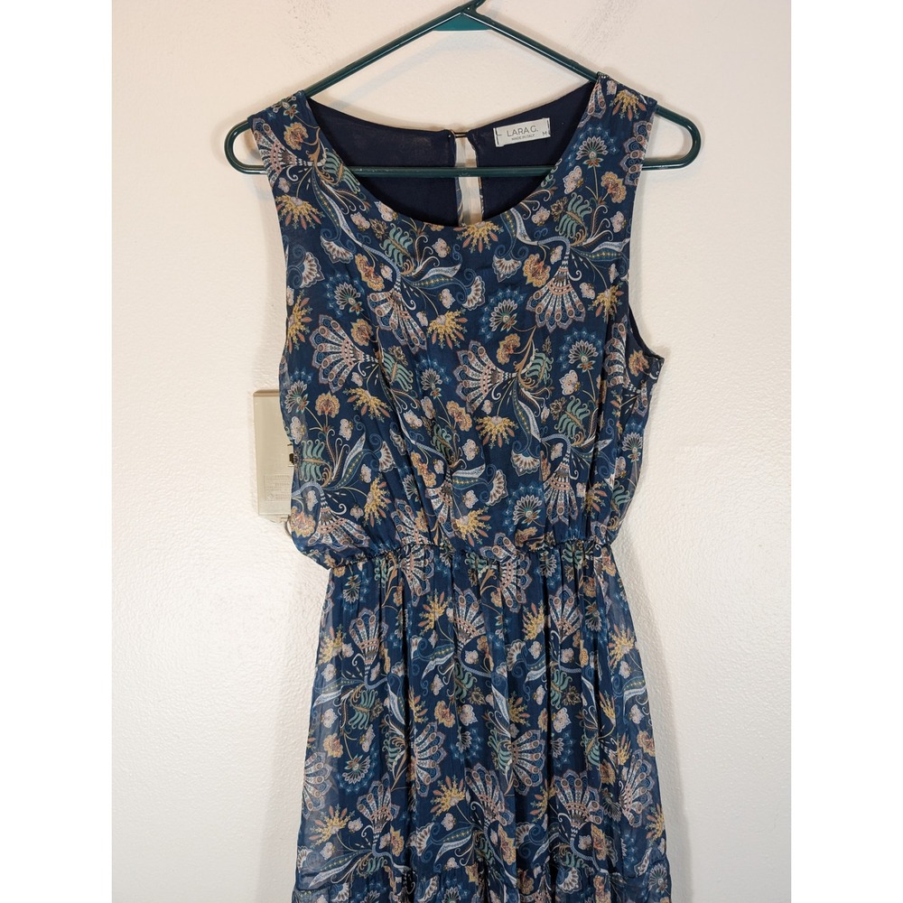 Lara G. Italy Womens M Blue Paisley Floral Tiered Chiffon Midi Dress Silk Blend - Picture 3 of 10